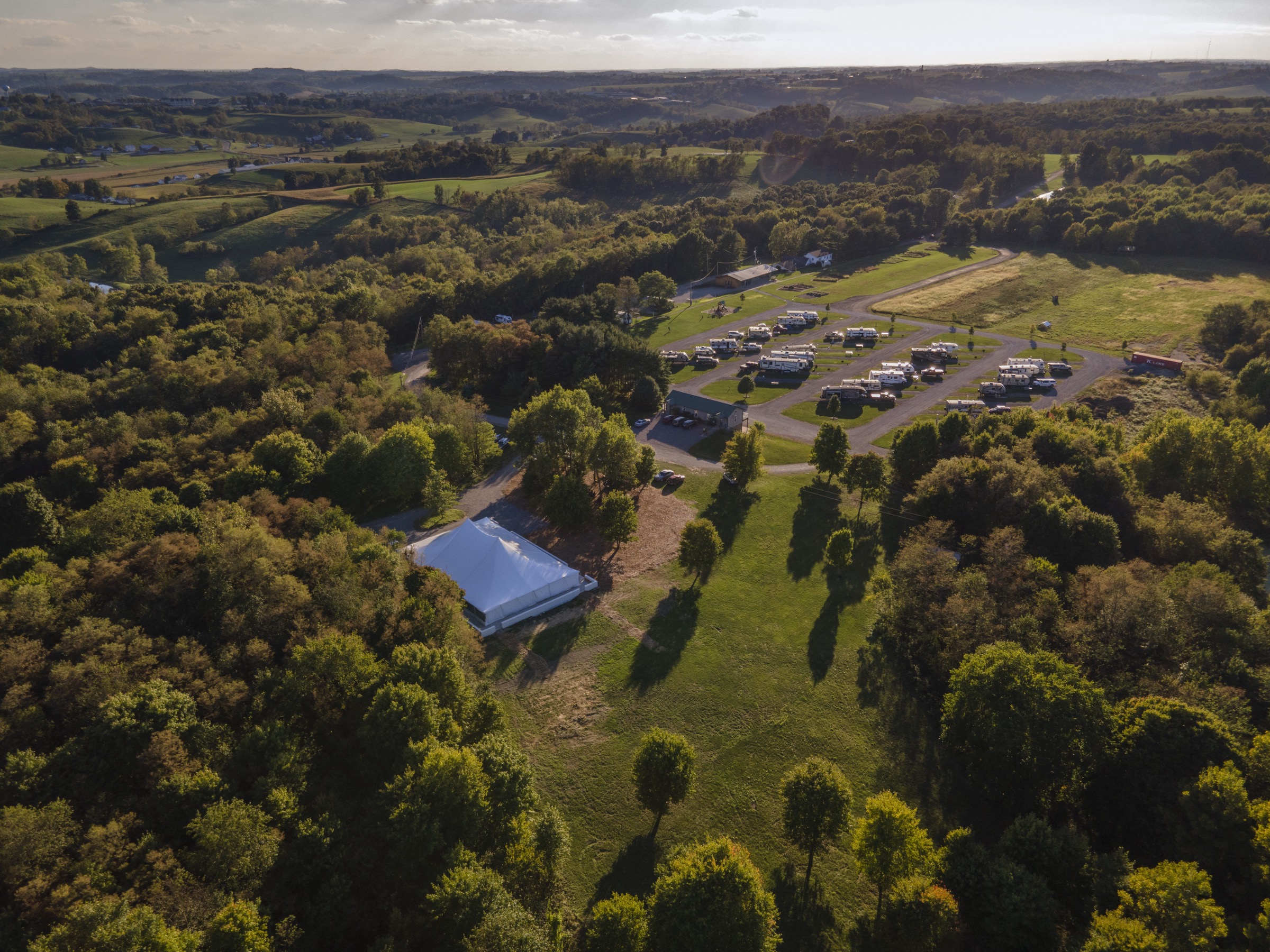 Aerial view of Timbercrest camper and RV sites among the trees